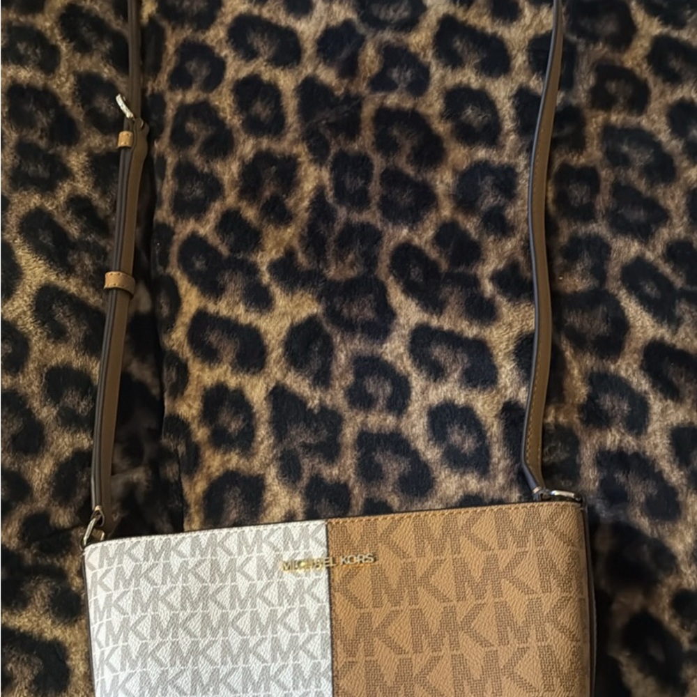 Michael Kors Two-Tone MK Signature Crossbody in Brown and White